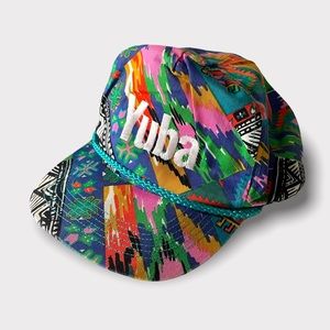 VINTAGE🌈 90s YUBA Snapback Cap Bold Print Trucker Hat Braided TrimBy San Sun